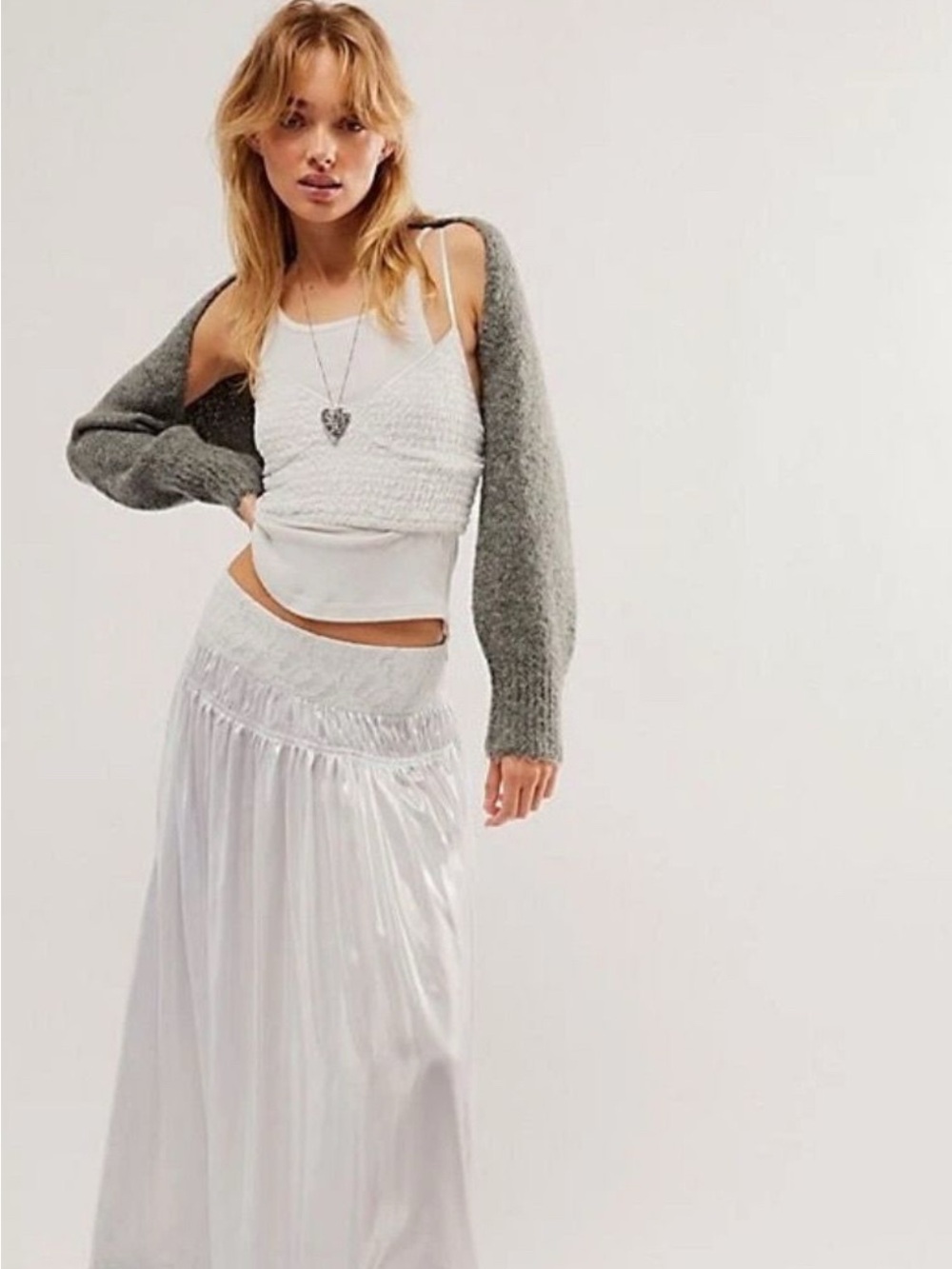 (XS) FREE PEOPLE HELIN SET WHITE METALLIC SHIMMER 2 PIECE TWO PIECE SKIRT SET
